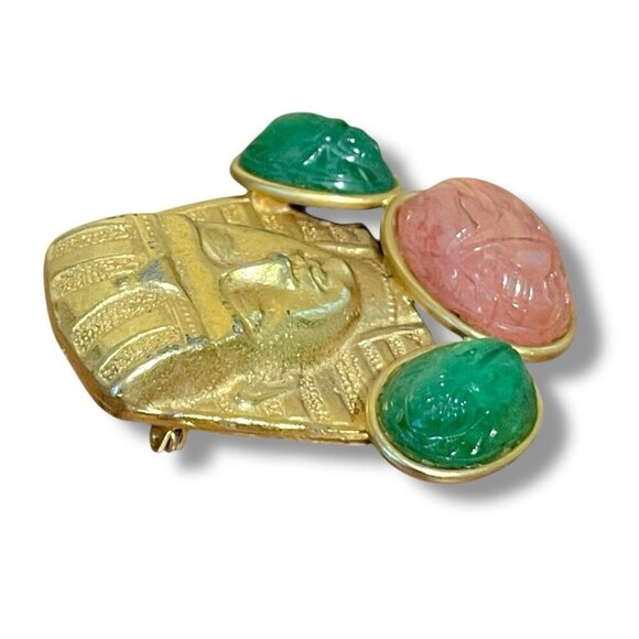 Vintage Alexis Kirk Egyptian Revival Brooch Unsigned Pharaoh Glass Scarab Pin - Picture 7 of 10